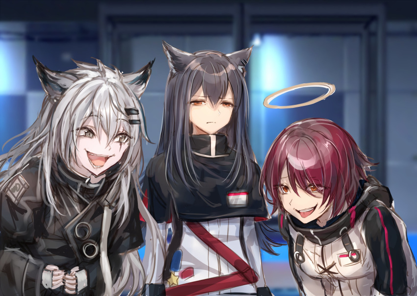 3girls, ^_^, animal_ear_fluff, animal_ears, arknights, bangs, black_hair, black_jacket, breasts, brown_eyes, closed_eyes, exusiai_(arknights), eyebrows_visible_through_hair, fingerless_gloves, gloves, grey_eyes, hair_between_eyes, hair_ornament, hair_over_one_eye, hairclip, halo, highres, jacket, lappland_(arknights), laughing, laughing_wolves, long_hair, long_sleeves, looking_at_viewer, meme, multiple_girls, open_mouth, red_eyes, redhead, scar, scar_across_eye, shirt, short_hair, sidelocks, silver_hair, smile, standing, sukemyon, texas_(arknights), unamused, white_jacket, wolf_ears
