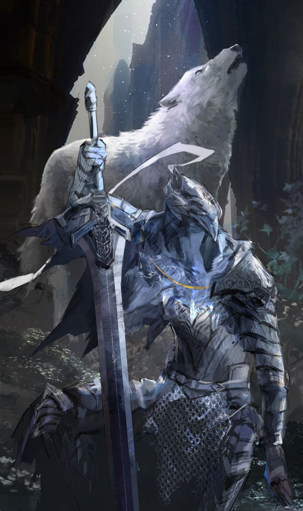 1boy, animal, arm_at_side, arm_up, armor, armored_dress, artorias_the_abysswalker, breastplate