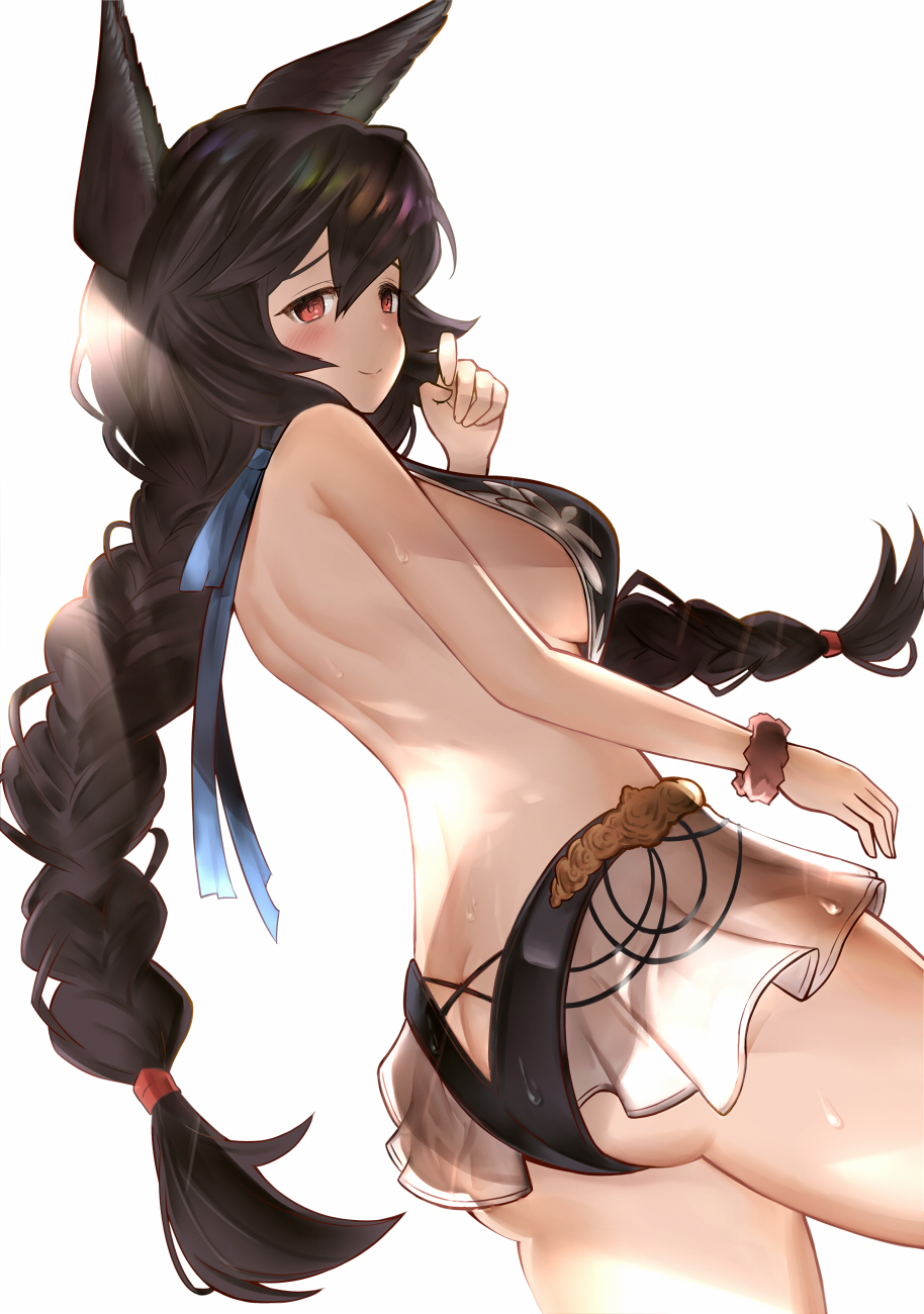 1girl, animal_ears, ass, bare_back, bare_shoulders, black_hair, blush, braid, breasts, butt_crack, commentary_request, cover, dutch_angle, embarrassed, erune, frilled_swimsuit, frills, granblue_fantasy, highres, light_rays, light_smile, long_hair, looking_at_viewer, nier_(granblue_fantasy), one-piece_swimsuit, red_eyes, scrunchie, sideboob, solo, swimsuit, taka00277657, twin_braids, wrist_scrunchie