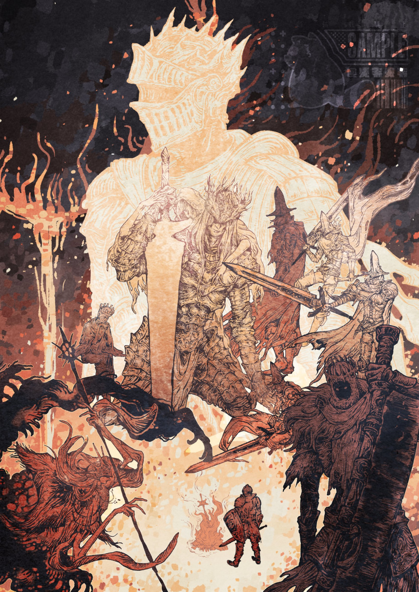 2others, 6+boys, absurdres, abyss_watcher, aldrich_devourer_of_gods, ambiguous_gender, arm_at_side, arm_up