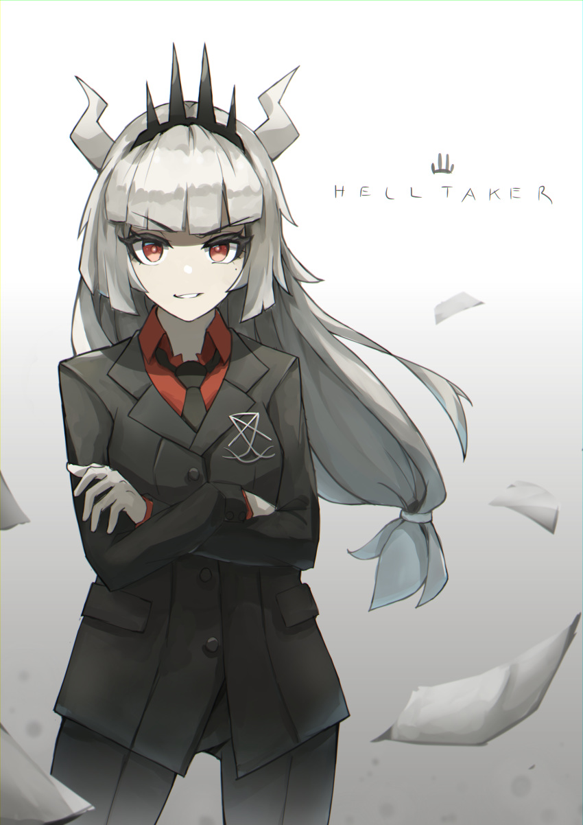 1girl, absurdres, aoi_kumo_(diberzs), bangs, black_neckwear, black_pants, black_suit, blunt_bangs, breasts, collared_shirt, commentary, copyright_name, cowboy_shot, crossed_arms, crown, demon_girl, demon_horns, flying_paper, gloves, gradient, gradient_background, grey_hair, helltaker, highres, horns, layered_sleeves, long_hair, looking_at_viewer, low-tied_long_hair, lucifer_(helltaker), medium_breasts, mole, mole_under_eye, necktie, pants, paper, red_eyes, red_shirt, shirt, smile, solo, v-shaped_eyebrows, white_horns