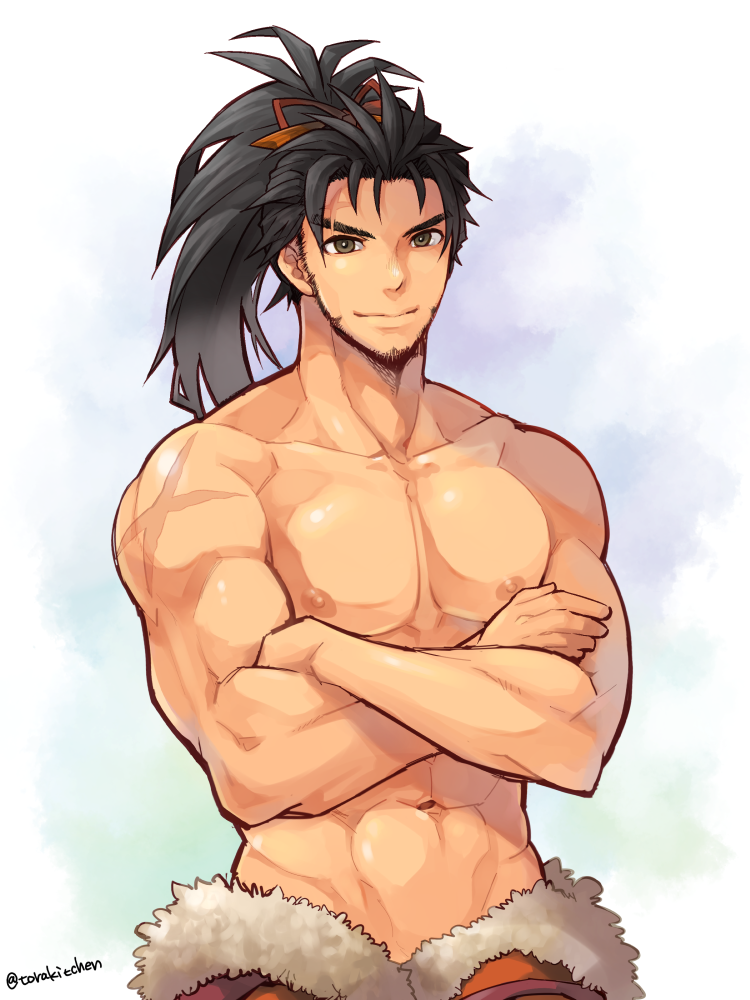 1boy, abs, artist_name, bangs, black_hair, brown_eyes, brown_ribbon, chest