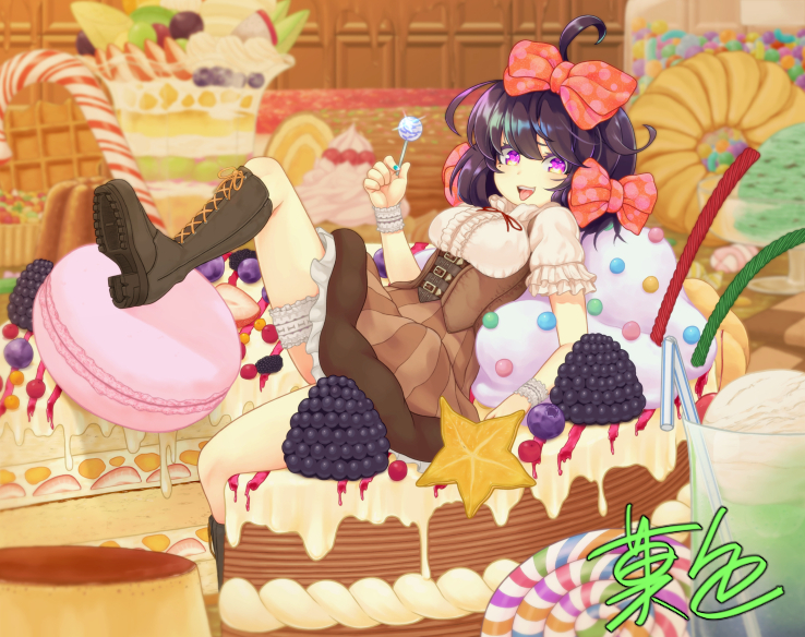 1girl, ahoge, black_hair, boots, bow, brown_dress, cake, candy