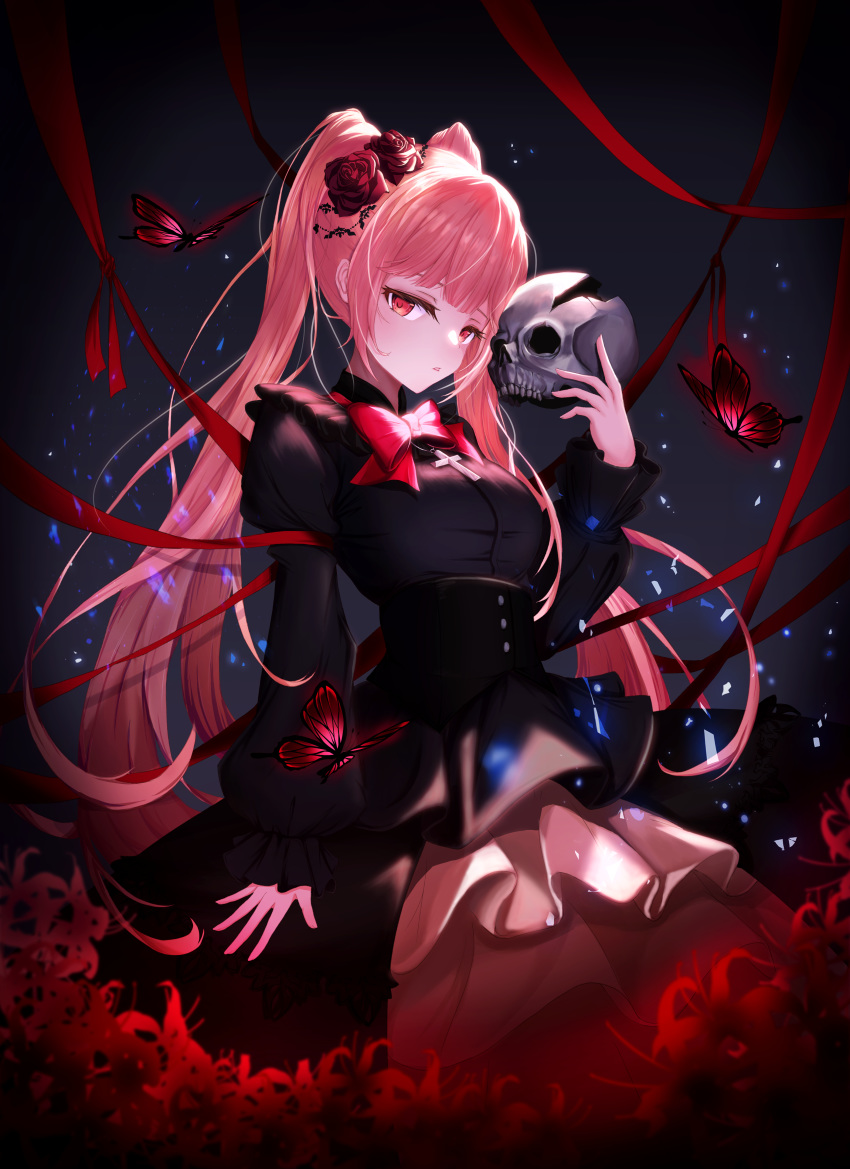 1girl, absurdres, bangs, black_dress, bow, bowtie, breasts, bug