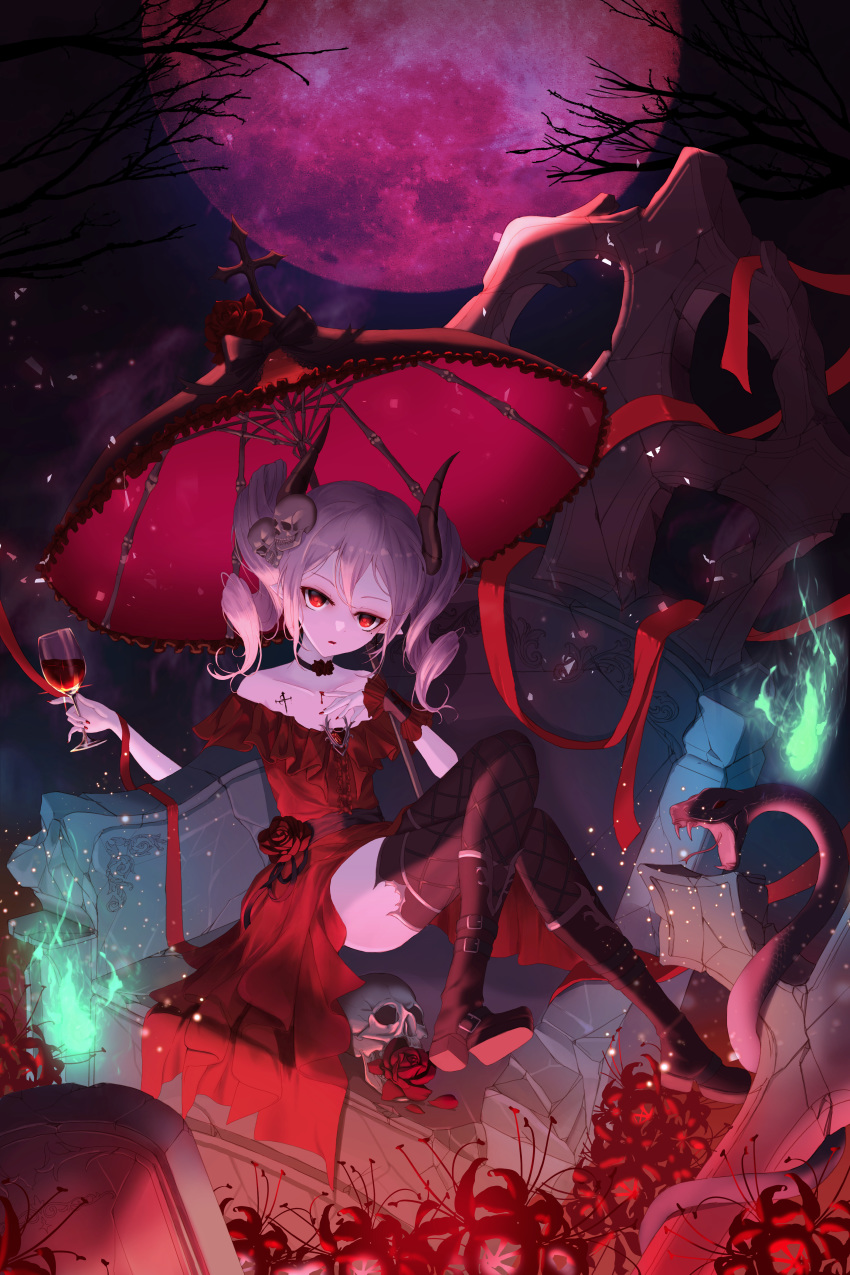 1girl, absurdres, alcohol, annoyed, bangs, black_bow, black_choker, black_legwear, black_snake, boots, bow, choker, collarbone, commentary_request, cross, crossed_legs, cup, demon_girl, demon_horns, dress, dress_flower, drill_hair, drinking_glass, flat_chest, flower, grey_hair, hair_ornament, highres, holding, holding_cup, holding_umbrella, horns, huge_filesize, knee_boots, looking_at_viewer, mole, mole_under_eye, moon, original, pale_skin, pani_(wpgns9536), red_dress, red_eyes, red_flower, red_moon, red_nails, red_ribbon, red_rose, red_umbrella, ribbon, ribbon_removed, rose, ruins, sitting, skull, skull_hair_ornament, snake, solo, spider_lily, stone, thigh-highs, twin_drills, twintails, umbrella, umbrella_bow, wine, wine_glass, wrist_cuffs