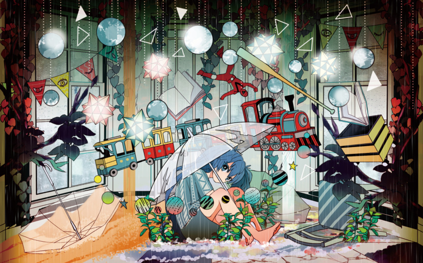 1girl, barefoot, baseball_bat, blue_hair, blue_shirt, blue_skirt, book, commentary