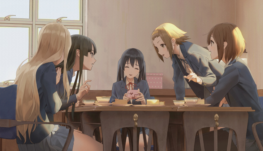 5girls, :d, ^_^, akiyama_mio, bangs, black_eyes, black_hair, black_jacket