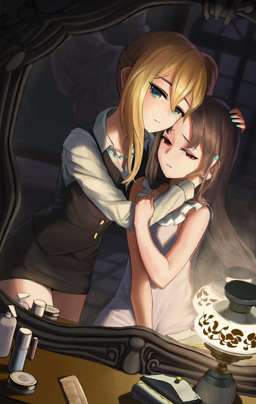 2girls, absurdres, alternate_costume, arm_grab, bangs, bare_arms, bare_shoulders, black_skirt