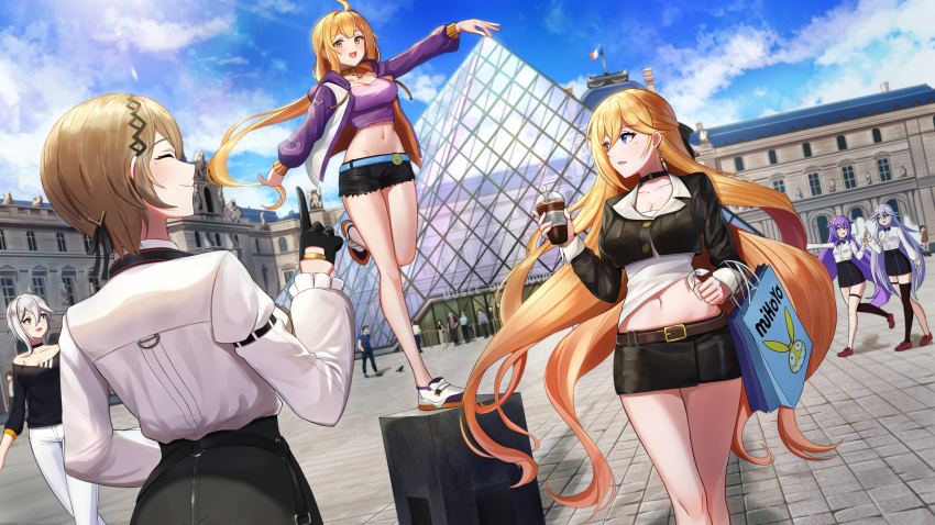 6+girls, aircell, bangs, bare_shoulders, belt, benares_(honkai_impact), bianka_durandal_ataegina, black_legwear