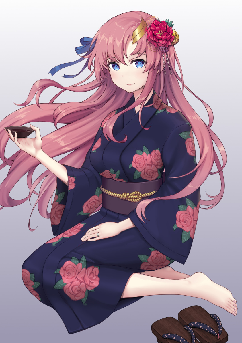 1girl, absurdres, alcohol, blue_eyes, flower, footwear_removed, geta, gundam