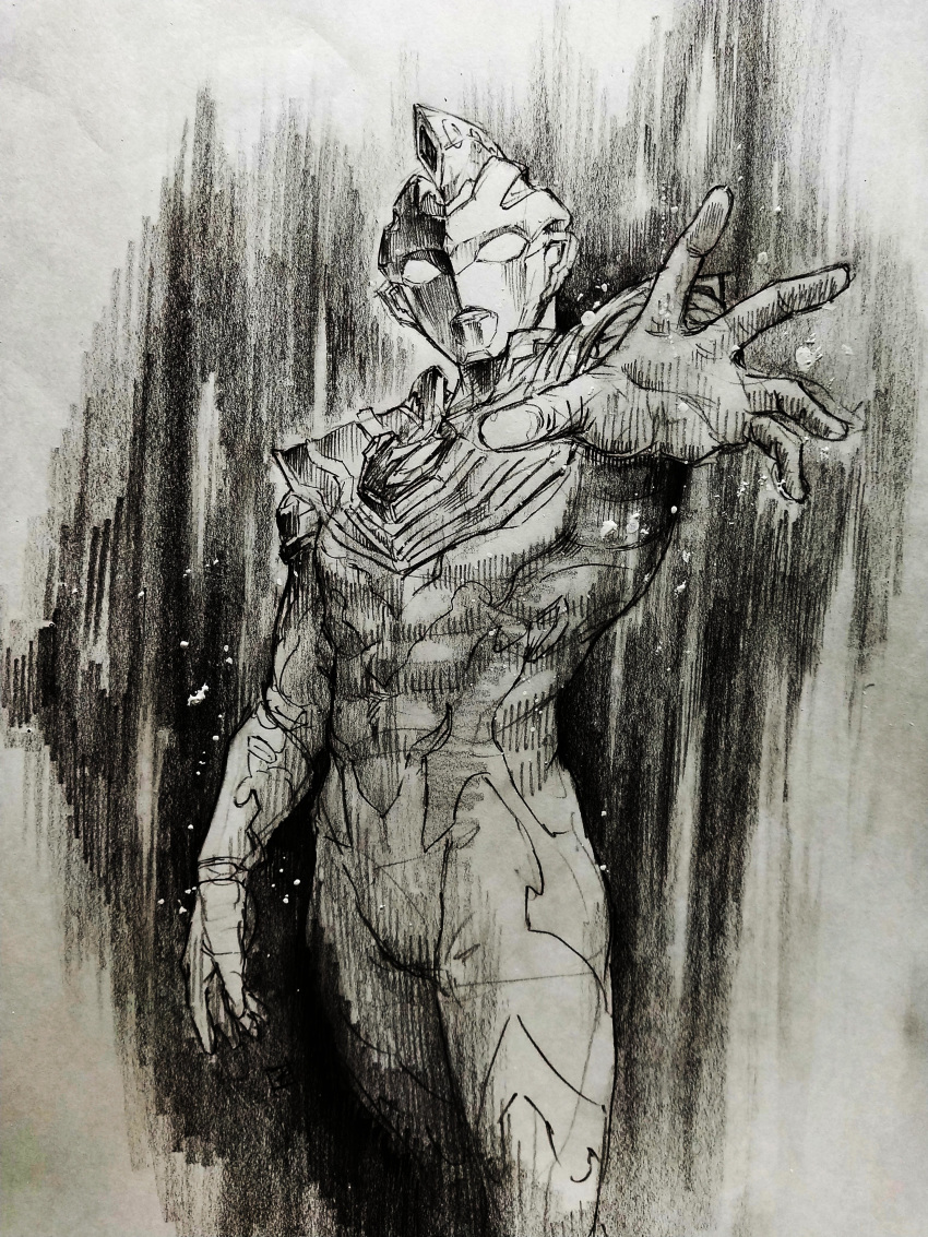 1boy, absurdres, alien, highres, ink_(medium), looking_at_viewer, matutoya, monochrome