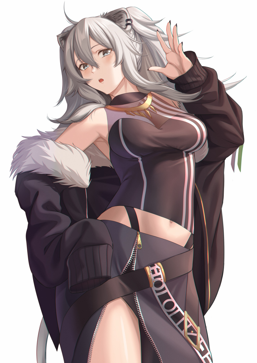 1girl, absurdres, ahoge, animal_ears, bare_shoulders, belt, black_nails, blush