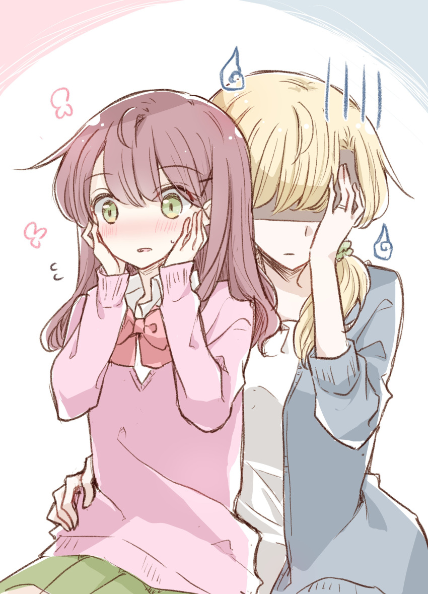 1_x_1/2, 2girls, 66ta1yak1, absurdres, blonde_hair, blush, bow, bowtie