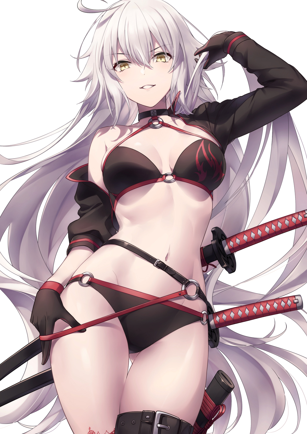 1girl, ahoge, bikini, black_bikini, black_choker, black_gloves, black_jacket, breasts