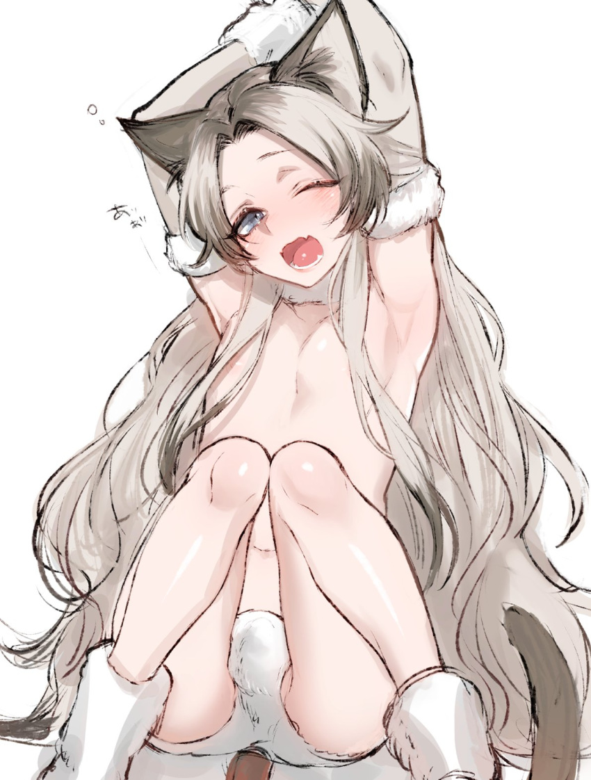1boy, ;o, animal_ears, arm_warmers, arms_up, bulge, cat_boy, cat_ears