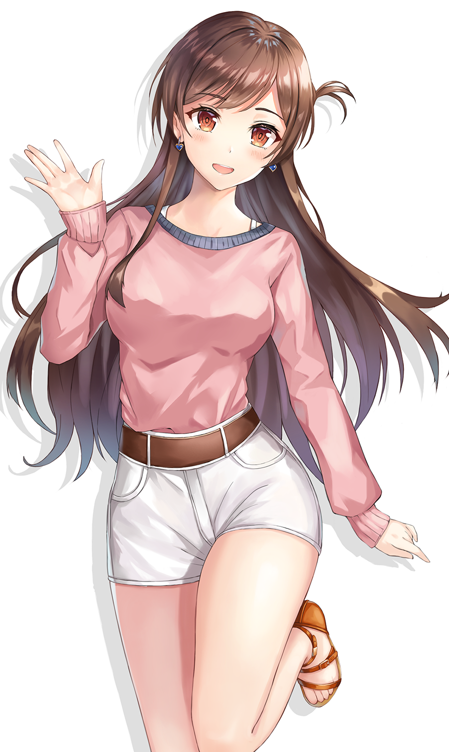 1girl, bangs, belt, blush, bra_strap, breasts, brown_belt, brown_hair