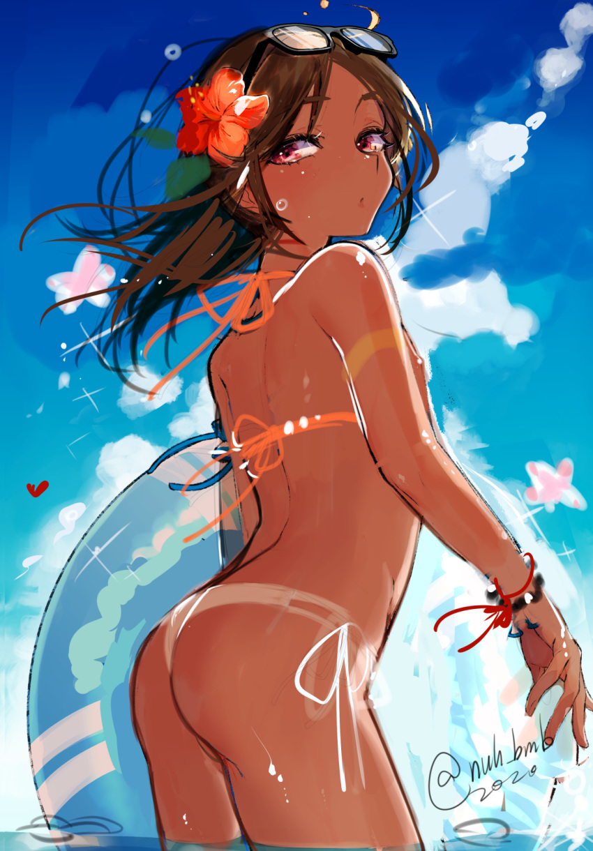 1boy, ass, bikini, blue_sky, bracelet, dark_skin, dark_skinned_male, dated
