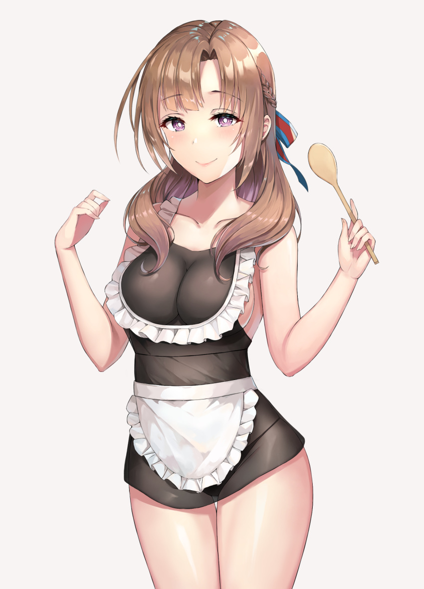 1girl, apron, blush, breasts, brown_hair, closed_mouth, collarbone, eyebrows_visible_through_hair