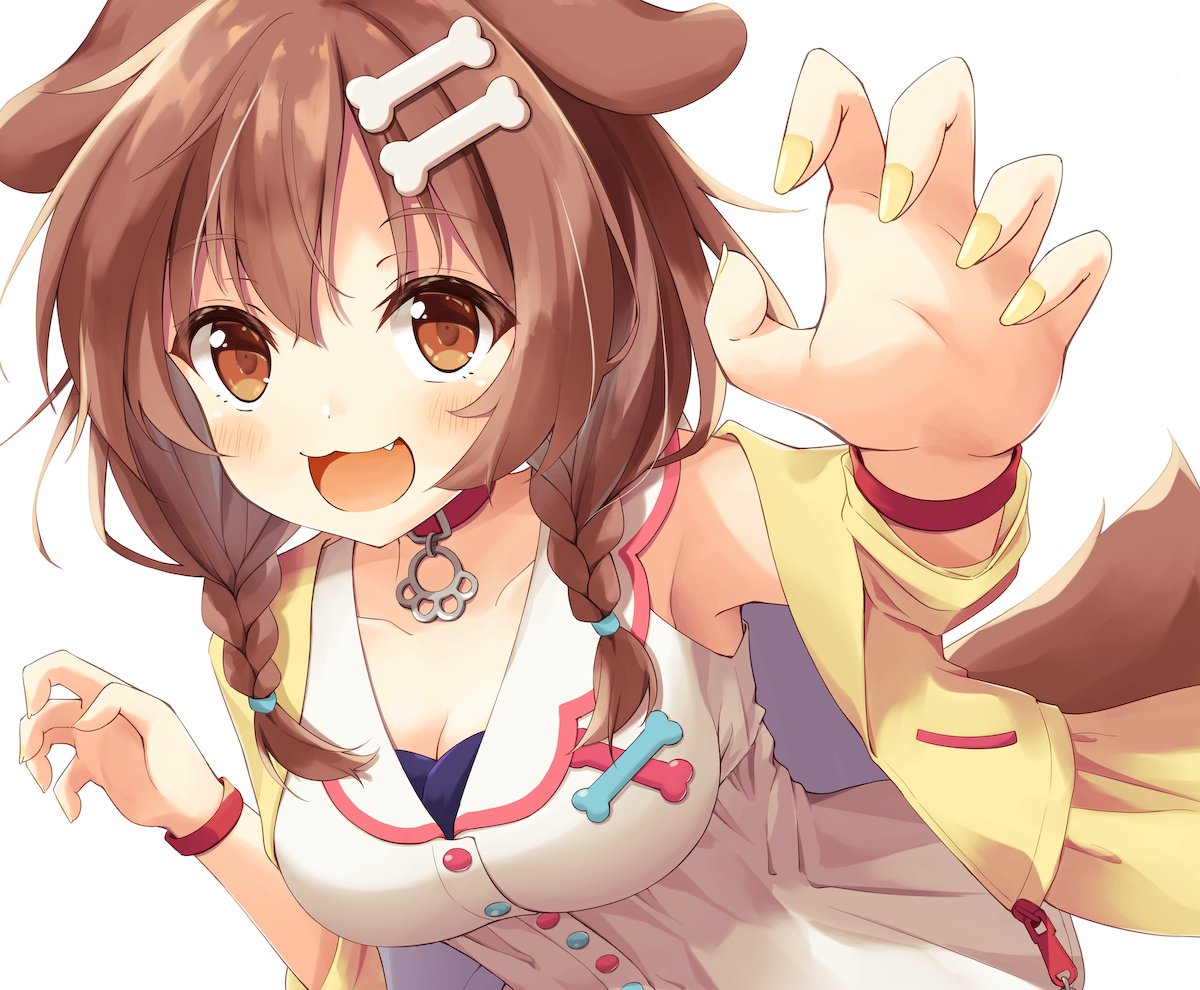 1girl, :3, animal_ears, bangs, blush, bone_hair_ornament, bracelet, braid, breasts, brown_eyes, brown_hair, buttons, cartoon_bone, choker, claw_pose, collar, collarbone, dog_collar, dog_ears, dog_girl, dog_tail, dress, dutch_angle, eyebrows_visible_through_hair, fang, fingernails, fingers, hair_between_eyes, hair_ornament, hairclip, hololive, inugami_korone, jacket, jewelry, long_fingernails, long_hair, looking_at_viewer, low_twin_braids, low_twintails, medium_breasts, mizutan64, nail_polish, raised_eyebrows, red_collar, short_dress, simple_background, smile, solo, tail, twin_braids, twintails, upper_body, virtual_youtuber, w_arms, white_background, white_dress, wristband, yellow_jacket, yellow_nails