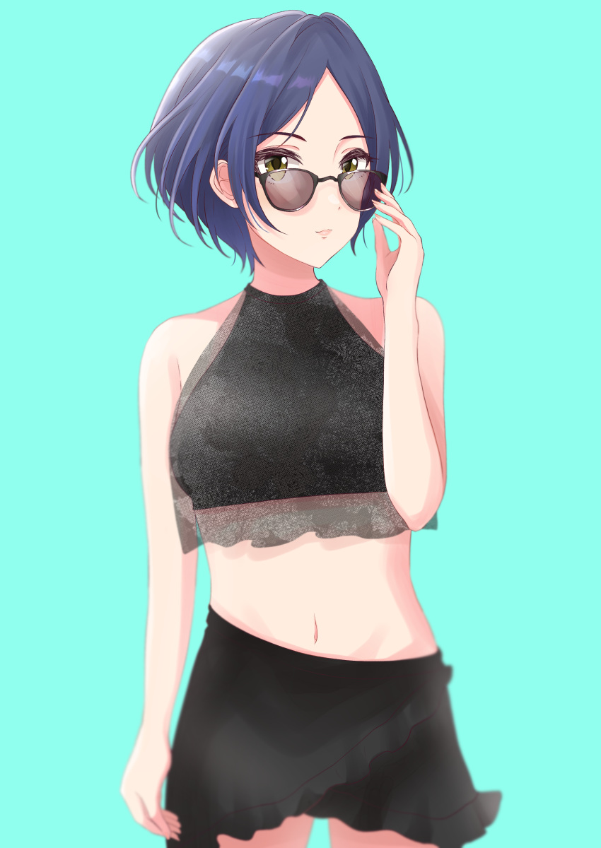 1girl, absurdres, adjusting_eyewear, aqua_background, bare_arms, bare_shoulders, bikini, bikini_skirt, black_bikini, black_skirt, black_swimsuit, blue_hair, breasts, halterneck, hand_up, hayami_kanade, highres, idolmaster, idolmaster_cinderella_girls, light_smile, looking_at_viewer, medium_breasts, navel, rrtp, see-through, short_hair, sidelocks, simple_background, skirt, sleeveless, smile, solo, sunglasses, swimsuit, tankini, yellow_eyes