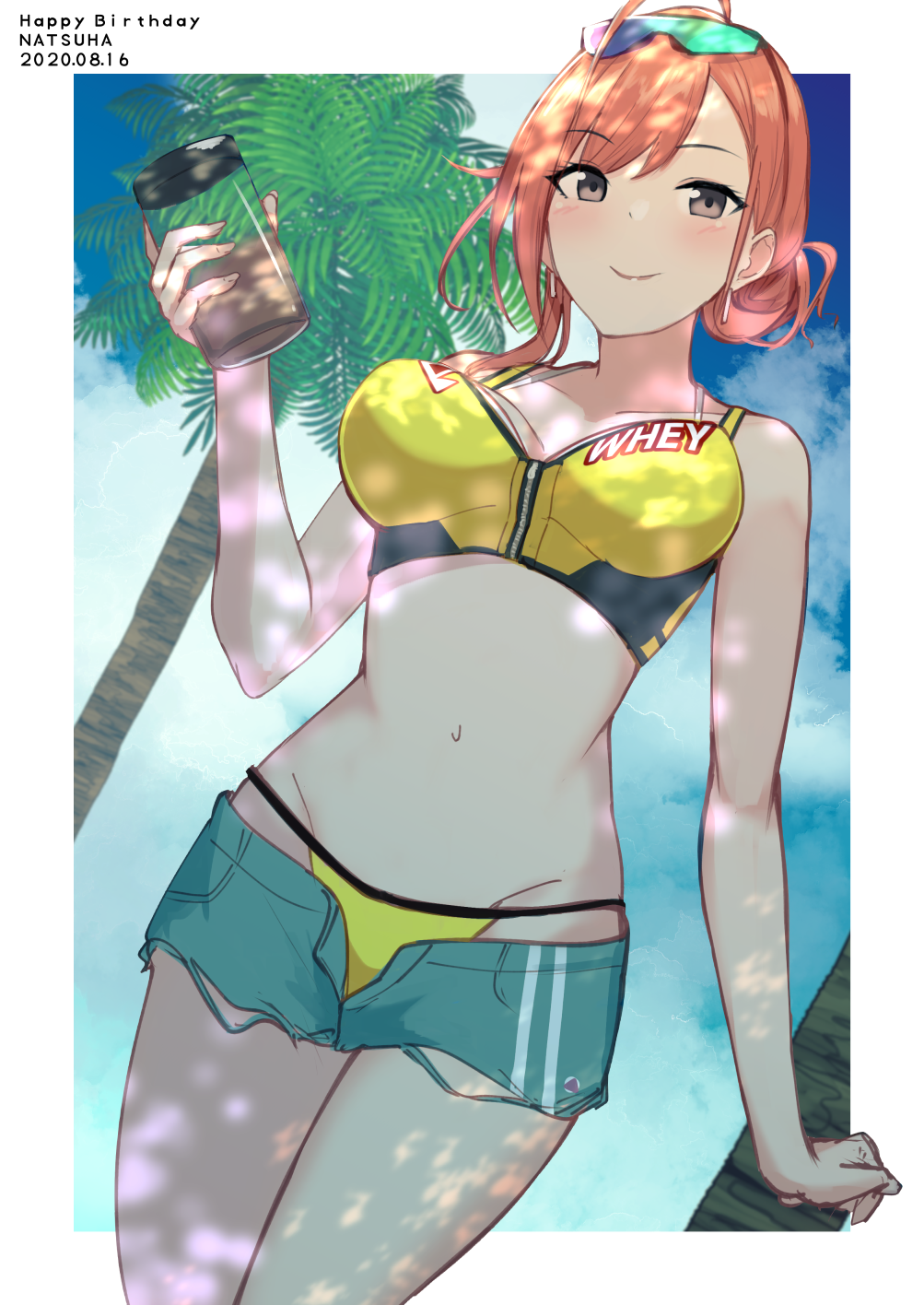 1girl, alternate_hairstyle, antenna_hair, arisugawa_natsuha, bangs, bare_arms, bikini, bikini_under_clothes