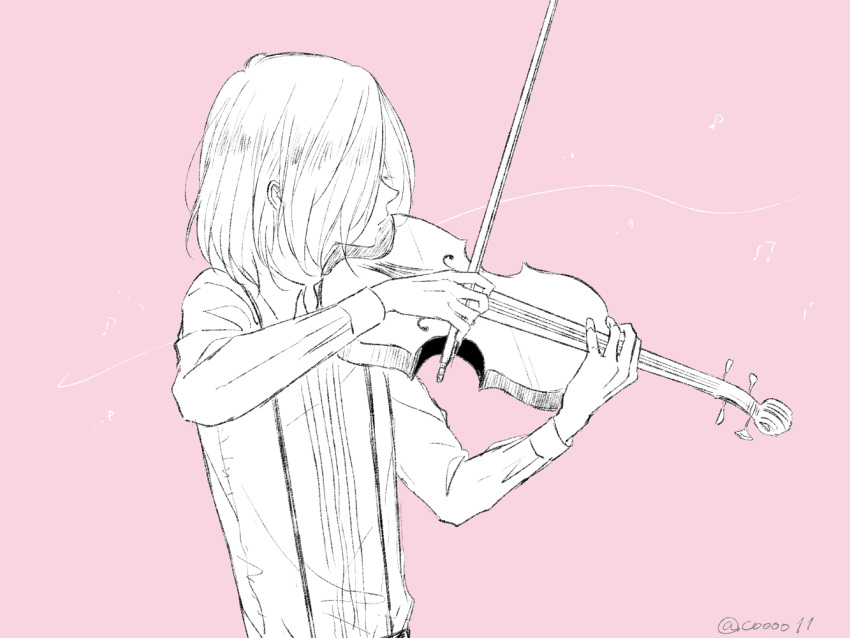 1boy, collared_shirt, hair_over_eyes, instrument, kou_(coo00), male_focus, monochrome, music