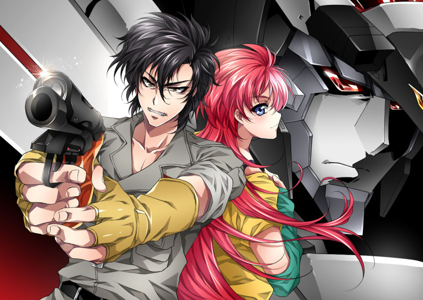 1boy, 1girl, aiming, black_hair, blue_eyes, brown_eyes, brown_gloves, choujuu_kishin_dancouga