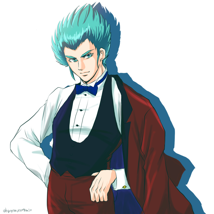 1boy, arm_behind_back, blue_eyes, blue_hair, cosplay, hand_on_hip, haran_banjou, hgoyan