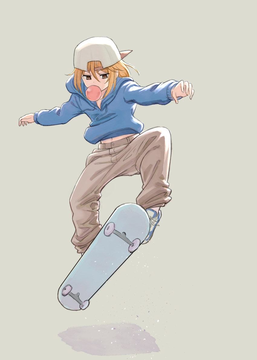 1girl, backwards_hat, baseball_cap, blue_hoodie, brown_eyes, brown_pants, bubble_blowing, chewing_gum