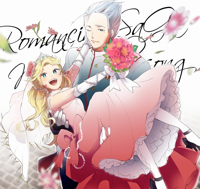 1boy, 1girl, blonde_hair, breasts, chimaki_(impressiveanarchy), closed_mouth, dress, earrings