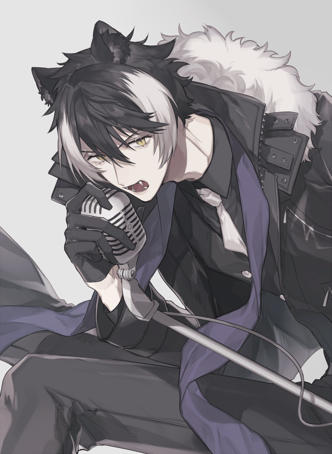 1boy, animal_ears, black_coat, black_gloves, black_hair, buttons, coat, fangs