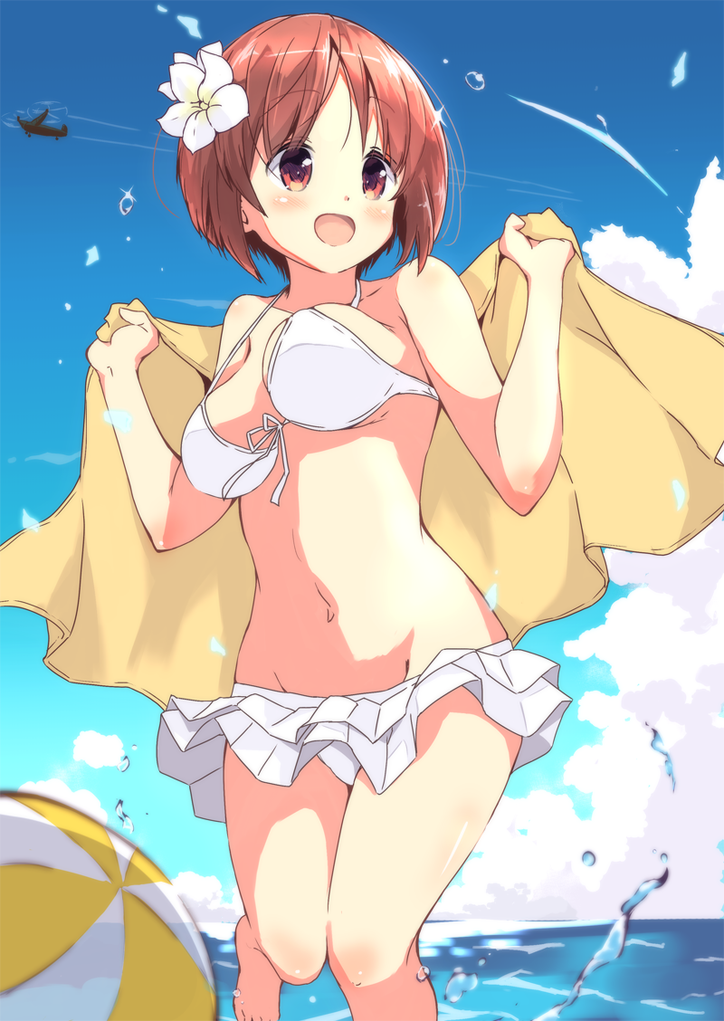 1girl, :d, bangs, bikini, bikini_skirt, blue_sky, blurry, blurry_foreground, breasts, brown_eyes, brown_hair, clouds, cloudy_sky, condensation_trail, day, depth_of_field, droplet, eyebrows_visible_through_hair, fa_223_drache, flower, front-tie_bikini, front-tie_top, girls_und_panzer, groin, hair_flower, hair_ornament, holding, holding_towel, looking_to_the_side, medium_breasts, navel, nishizumi_miho, ocean, open_mouth, outdoors, short_hair, skirt, sky, smile, solo, sparkle, standing, standing_on_one_leg, swimsuit, tom_q_(tomtoq), towel, wading, white_bikini, white_flower, white_skirt