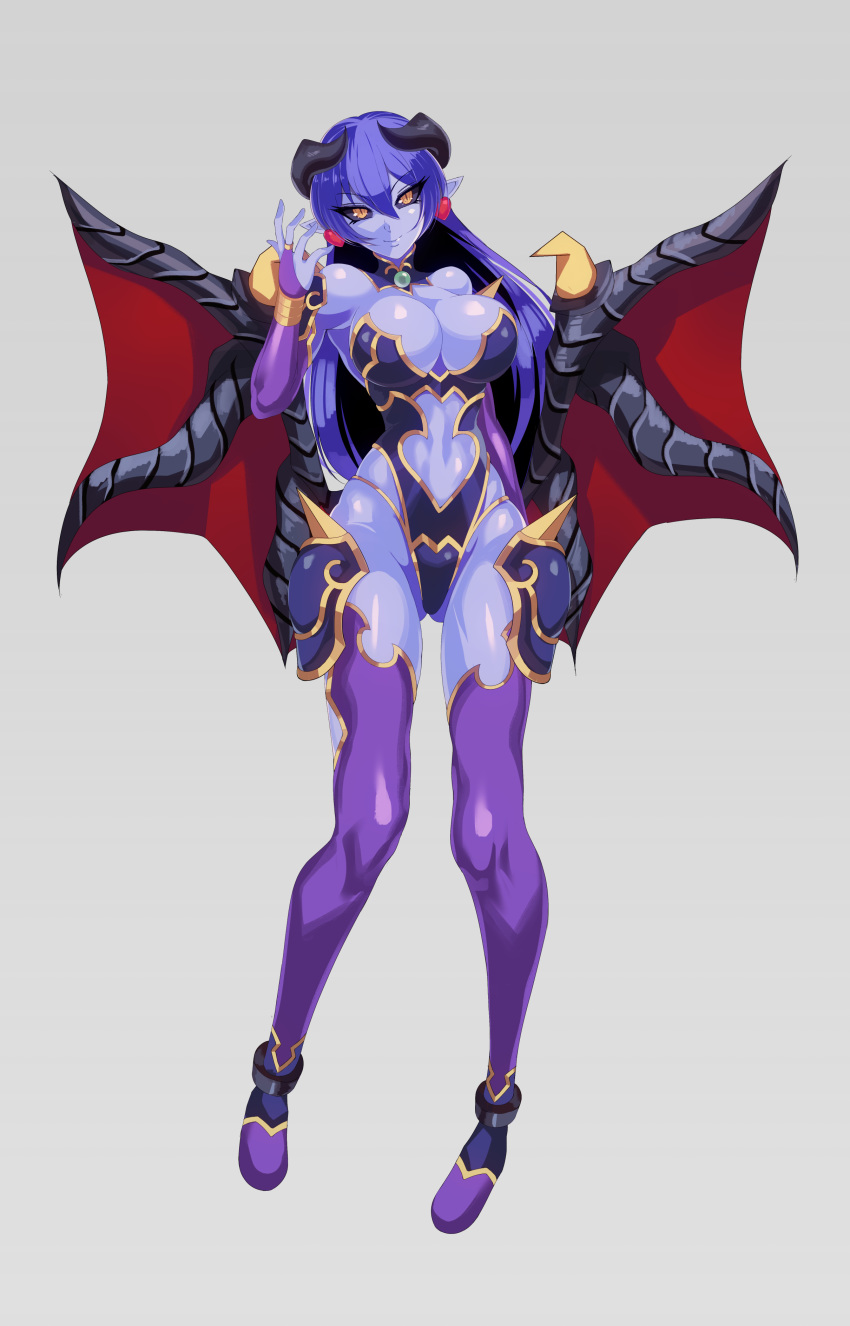 1girl, absurdres, astaroth_(shinrabanshou), black_sclera, blue_skin, breasts, demon_girl, demon_tail