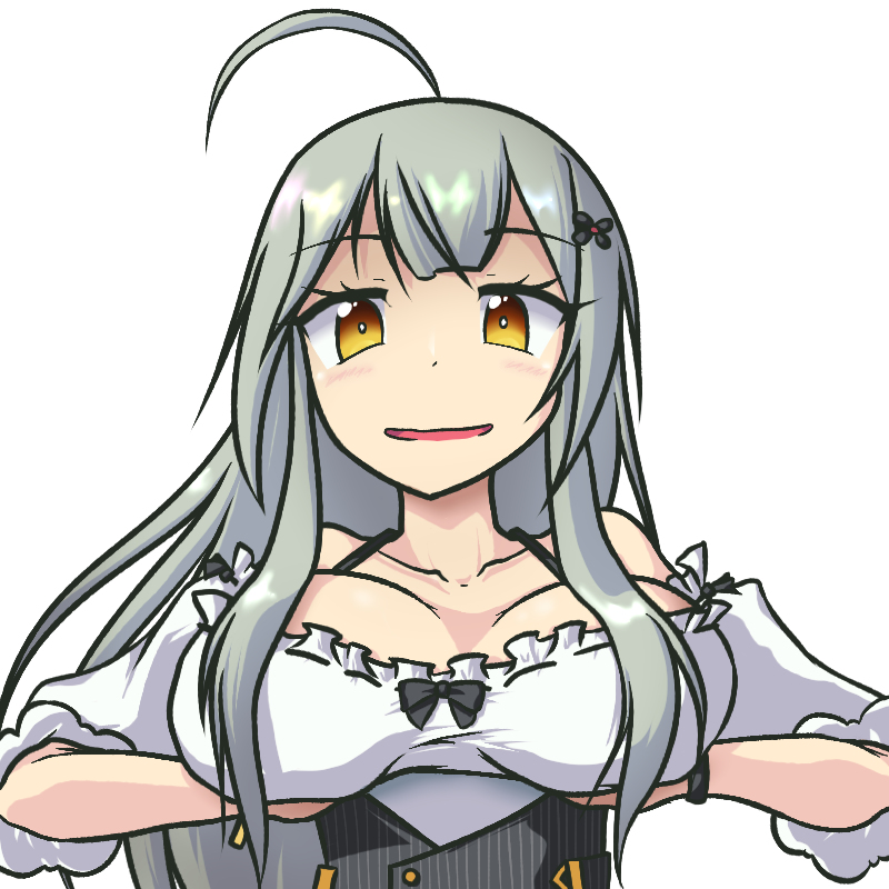 1girl, ahoge, artist_request, blush, bow, breast_hold, breasts, dress