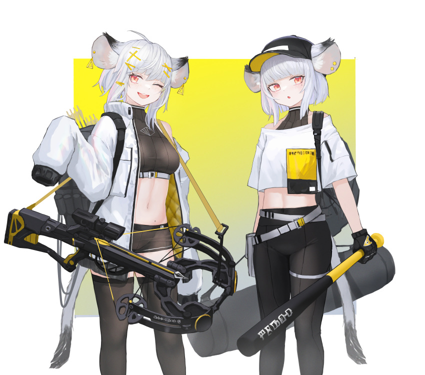 2girls, absurdres, animal_ears, arrow_(projectile), bangs, baseball_bat, baseball_cap, belt