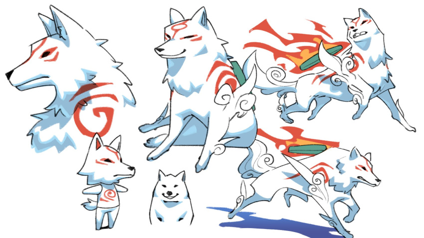 amaterasu, animal, doubutsu_no_mori, fire, highres, meme, multiple_views, niwatorineko, no_humans, ookami_(game), reflector_(ookami), simple_background, weapon, white_background, white_wolf, wolf