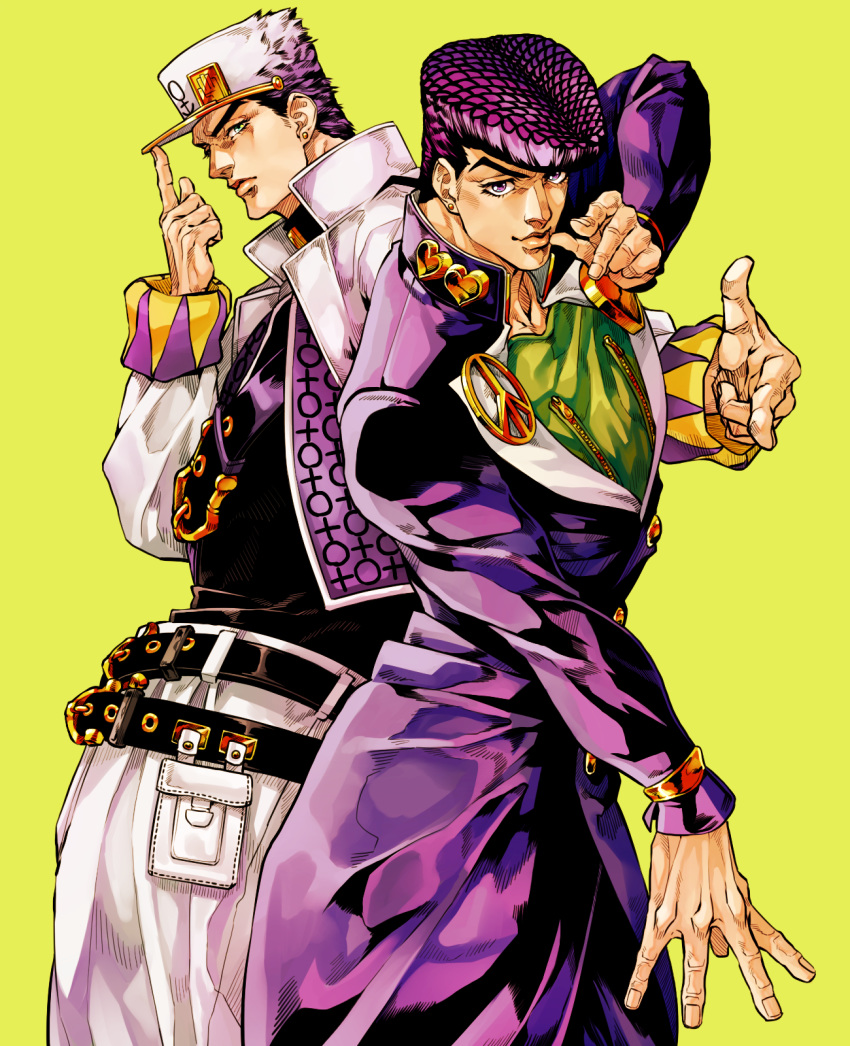 2boys, arm_up, belt, black_shirt, closed_mouth, coat, cowboy_shot, diamond_wa_kudakenai, ear_piercing, earrings, gakuran, green_eyes, green_shirt, hand_up, hat, hat_tip, heart, higashikata_jousuke, highres, iroha_(akei0710), jewelry, jojo_no_kimyou_na_bouken, kuujou_joutarou, long_coat, long_sleeves, looking_at_viewer, male_focus, multiple_boys, official_style, open_hand, outstretched_arm, peace_symbol, piercing, pointing, pointing_at_viewer, pompadour, pose, pouch, purple_hair, school_uniform, shirt, simple_background, standing, stud_earrings, uncle_and_nephew, violet_eyes, white_coat, yellow_background, zipper