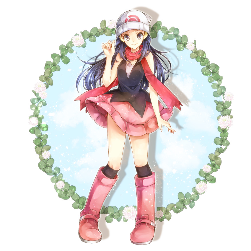 black_legwear, blue_eyes, blue_hair, boots, flower, hat, highres, hikari_(pokemon)