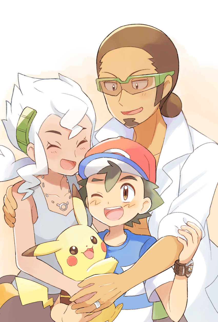 1girl, 2boys, baseball_cap, black_hair, blush, brown_eyes, brown_hair, burnet_(pokemon)
