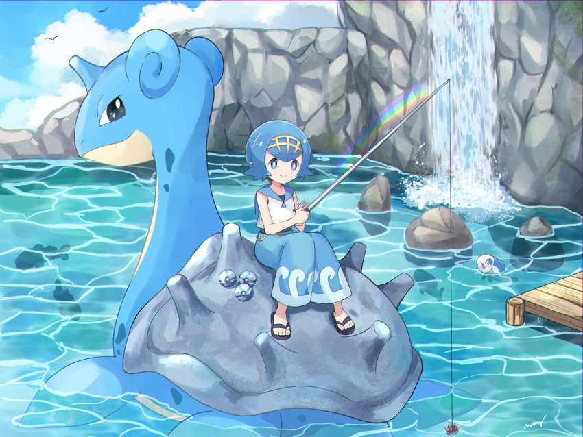 baggy_pants, blue_eyes, blue_hair, blue_pants, blue_sky, clouds, cloudy_sky, dive_ball