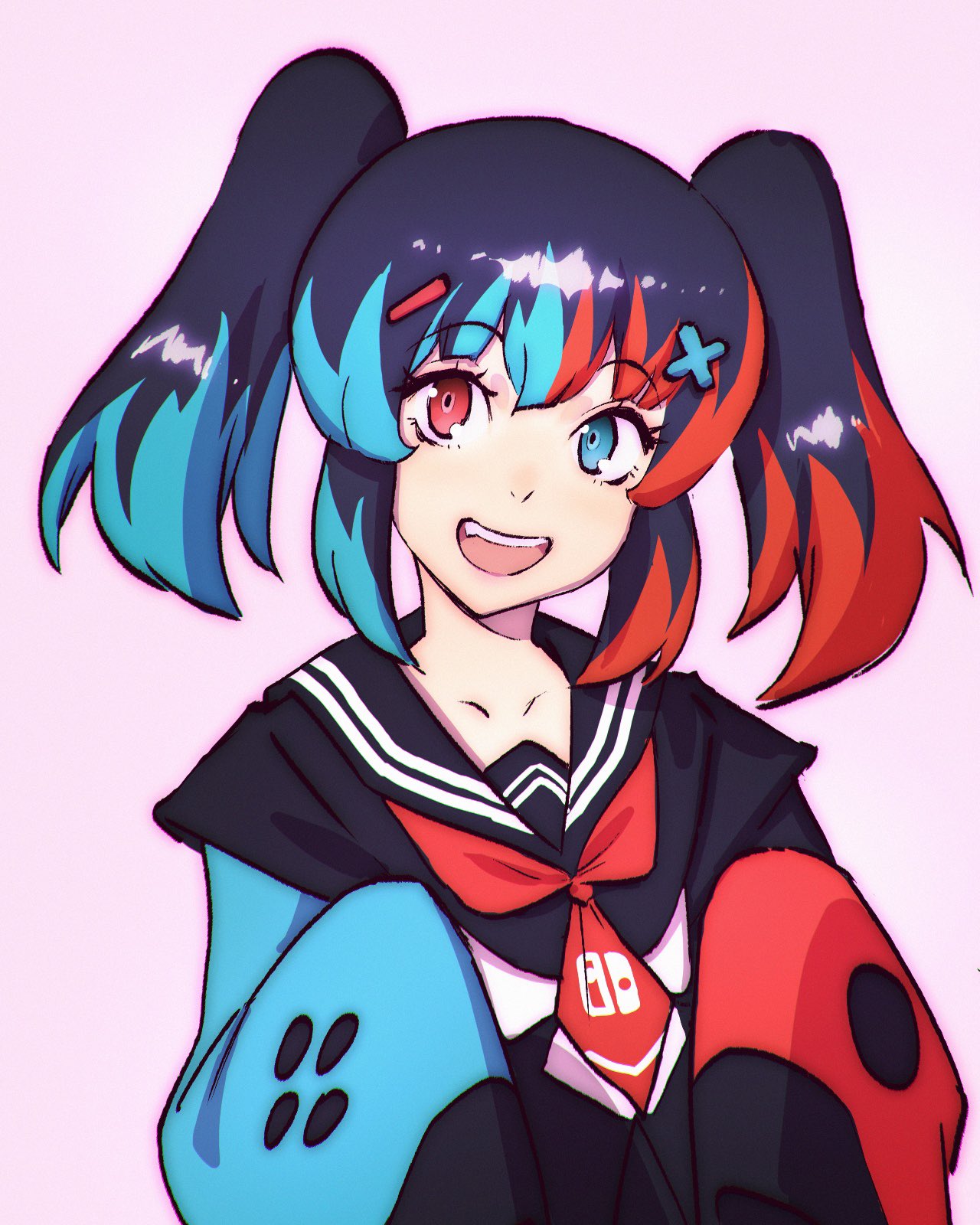 1girl, :d, asymmetrical_sleeves, black_hair, black_jacket, blue_eyes, blue_hair, blue_sleeves, collarbone, commentary, english_commentary, fang, heterochromia, highres, ilya_kuvshinov, jacket, looking_at_viewer, multicolored_hair, nintendo_switch, nintendo_switch_(personification), open_mouth, original, personification, pink_background, red_eyes, red_neckwear, red_sleeves, redhead, sailor_collar, school_uniform, simple_background, sleeves_past_fingers, sleeves_past_wrists, smile, solo, twintails, upper_body, upper_teeth