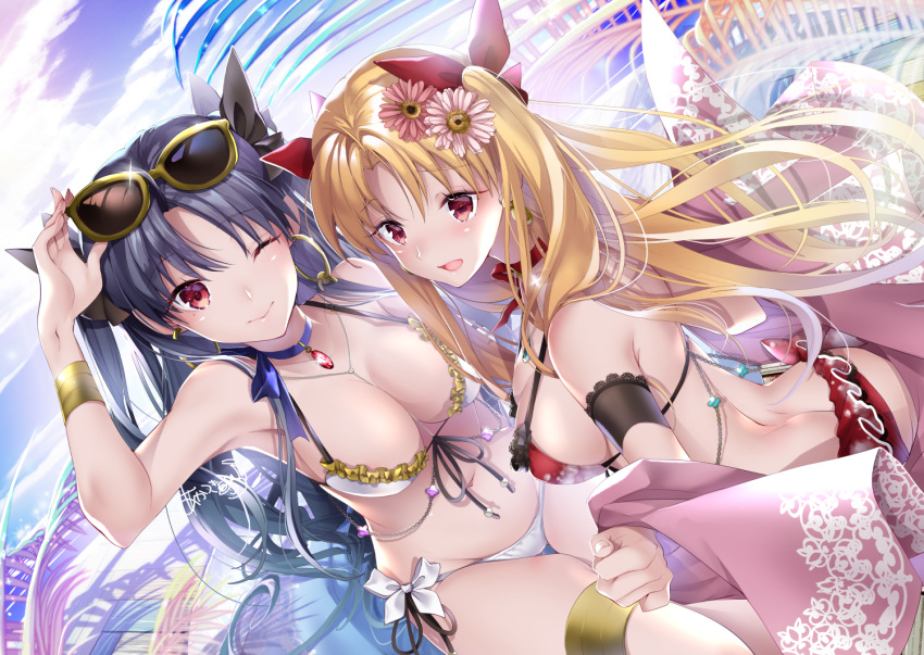 2girls, 3;, akatsuki_hijiri, ass, bangs, bikini, black_hair, blonde_hair, blush, breasts, cute, earrings, ereshkigal_(fate/grand_order), eyebrows, eyebrows_visible_through_hair, eyewear_on_head, fate/grand_order, fate/stay_night, fate_(series), hoop_earrings, ishtar_(fate)_(all), ishtar_(fate/grand_order), jewelry, large_breasts, legs, legs_together, long_hair, looking_at_viewer, multiple_girls, one_eye_closed, one_eye_open, open_mouth, red_bikini, red_eyes, red_swimsuit, siblings, sideboob, sisters, smile, sunglasses, swimsuit, thigh_gap, thighs, tohsaka_rin, toosaka_rin, two_side_up, type-moon, white_bikini, white_swimsuit