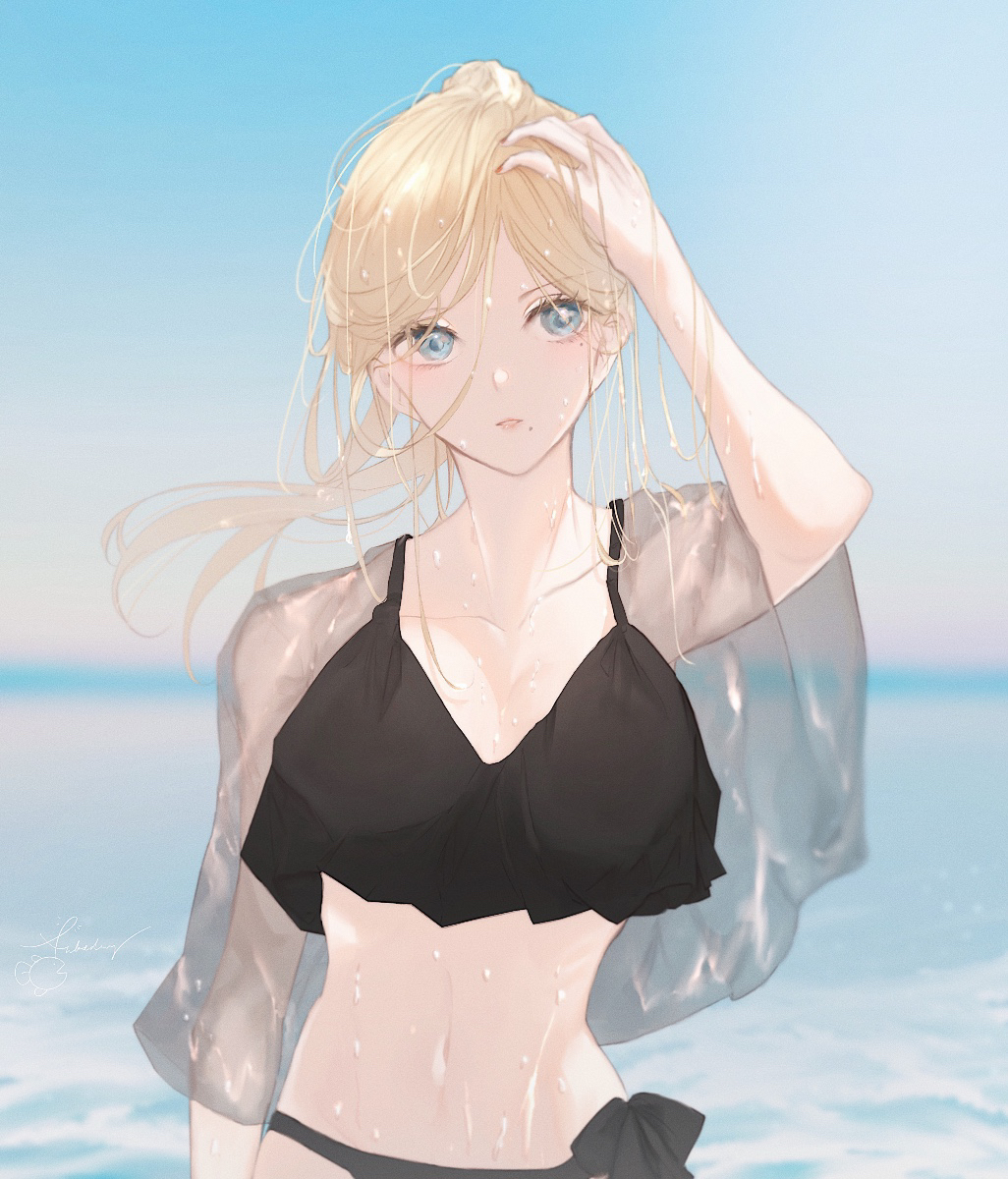 1girl, ankodesoy, bangs, bikini, black_bikini, blonde_hair, blue_eyes, blush