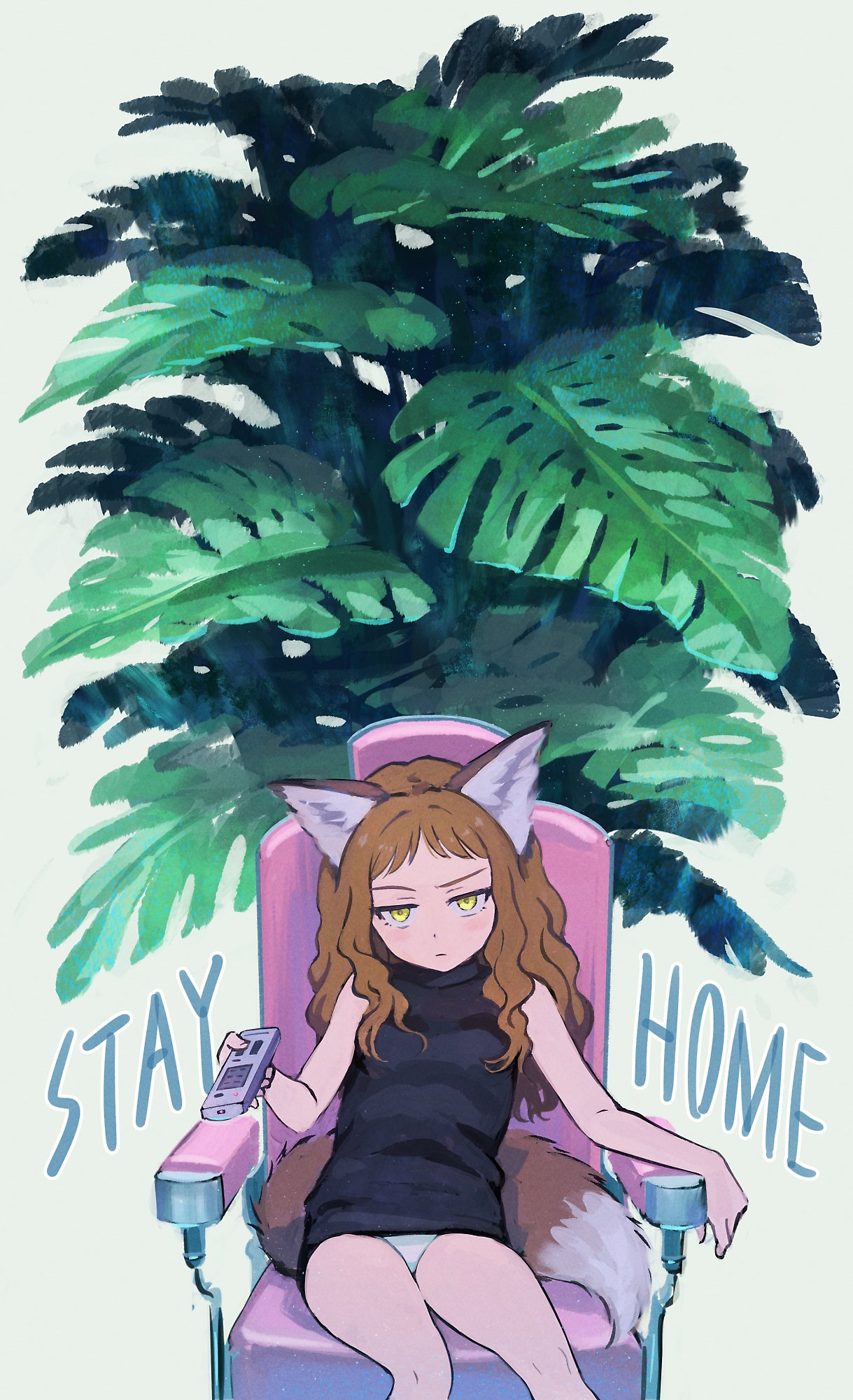 1girl, animal_ears, boleropaintings, chair, controller, fox_ears, fox_tail, highres, jitome, long_hair, original, panties, plant, redhead, remote_control, sitting, sleeveless, solo, stay_at_home, striped, striped_panties, tail, turtleneck, underwear, wavy_hair, yellow_eyes