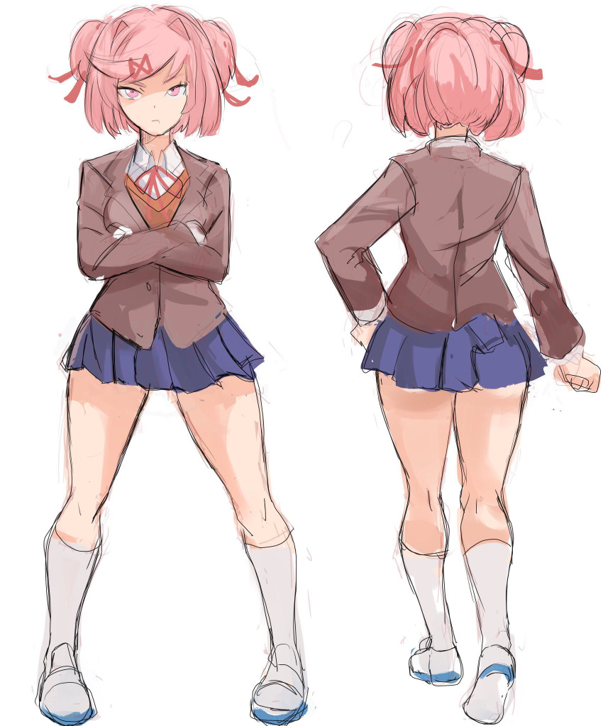 1girl, back, bangs, blazer, blue_skirt, bow, closed_mouth, doki_doki_literature_club