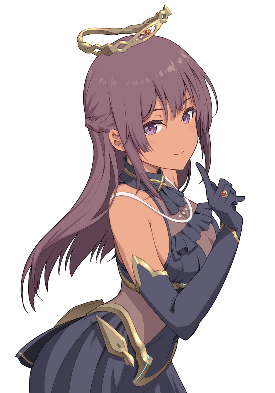 1girl, alice_gear_aegis, closed_mouth, dark_skin, dress, elbow_gloves, eyebrows_behind_hair, fatima_betrorum