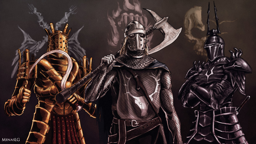 3boys, arm_at_side, armor, axe, belt, black_armor, black_background, black_eyes