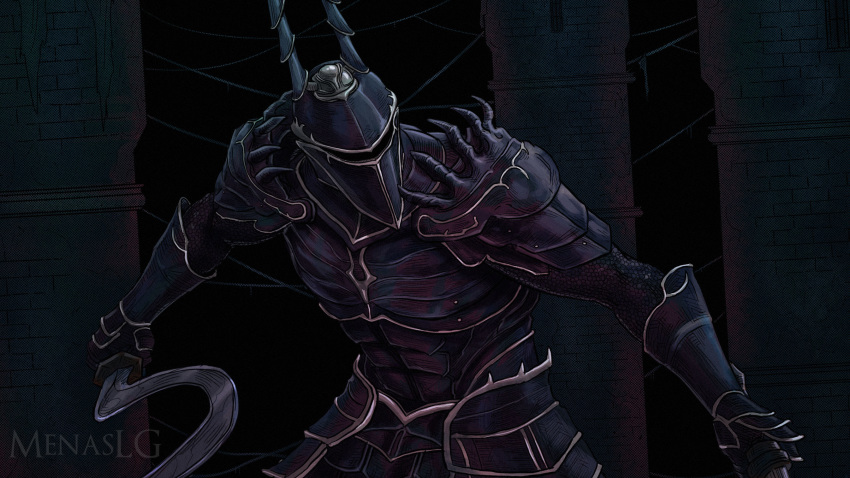 1boy, armor, artist_name, black_armor, breastplate, dark, demon's_souls, dual_wielding
