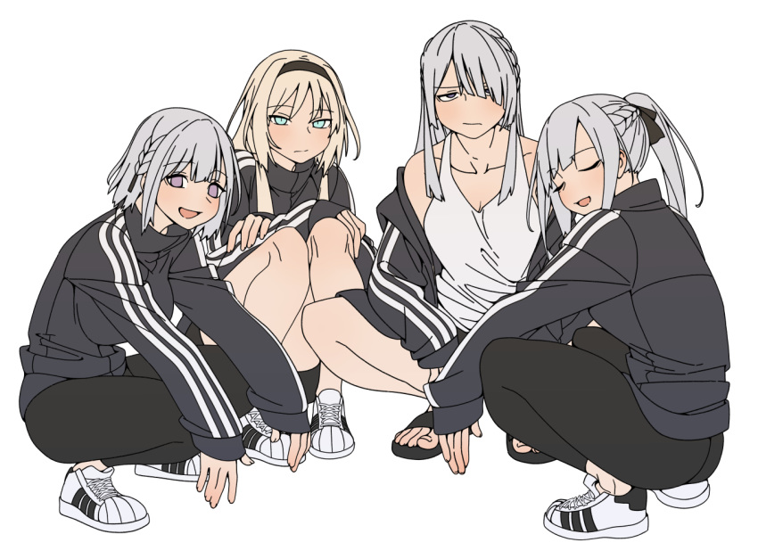4girls, :d, adidas, ak-12_(girls_frontline), ak-15_(girls_frontline), an-94_(girls_frontline), artist_request, blonde_hair