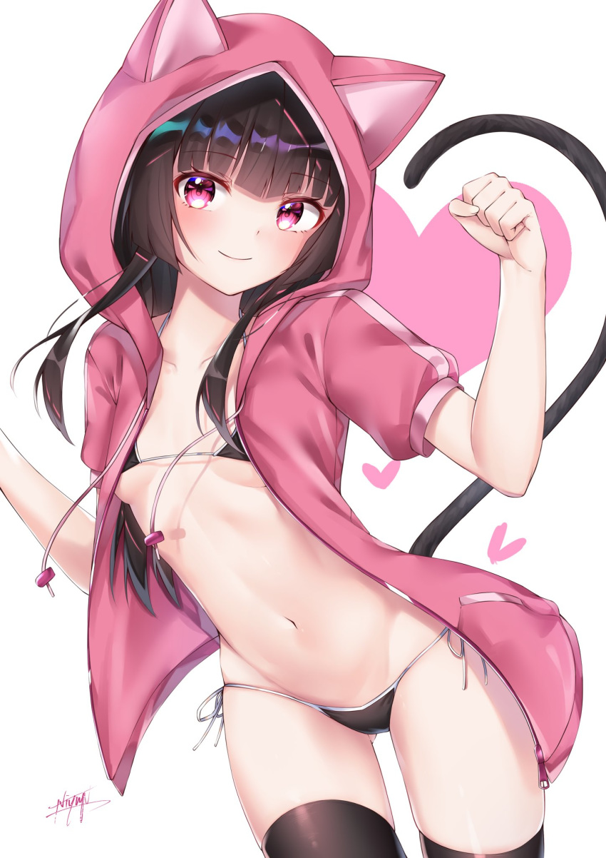 1girl, animal_ears, animal_hood, bangs, bikini, black_bikini, black_hair, black_legwear, blunt_bangs, breasts, cat_ears, cat_hood, cat_tail, clenched_hand, closed_mouth, collarbone, cowboy_shot, eyebrows_visible_through_hair, fake_animal_ears, floating_hair, groin, hair_between_eyes, heart, highres, hood, hood_up, hooded_jacket, jacket, long_hair, looking_at_viewer, navel, niyu_n_iyun, pink_eyes, pink_jacket, ribbon, senki_zesshou_symphogear, shiny, shiny_hair, shiny_legwear, side-tie_bikini, signature, simple_background, small_breasts, smile, solo, standing, swimsuit, tail, thigh-highs, tsukuyomi_shirabe, underwear, white_background, white_ribbon